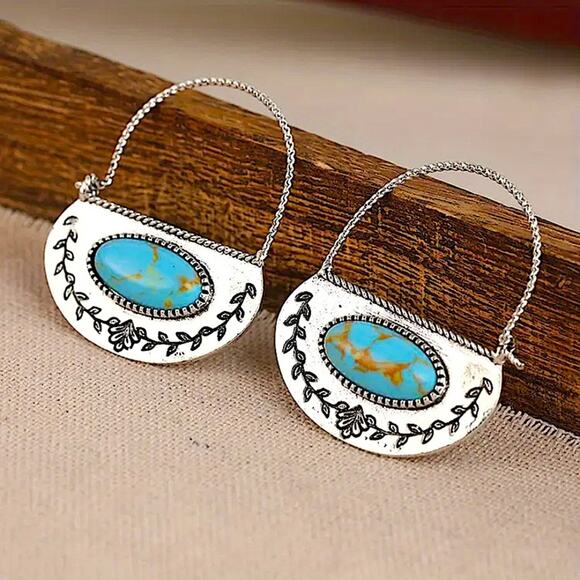 Silver Turquoise Dangle Earrings Boho Western Design Tribal - Picture 3 of 4